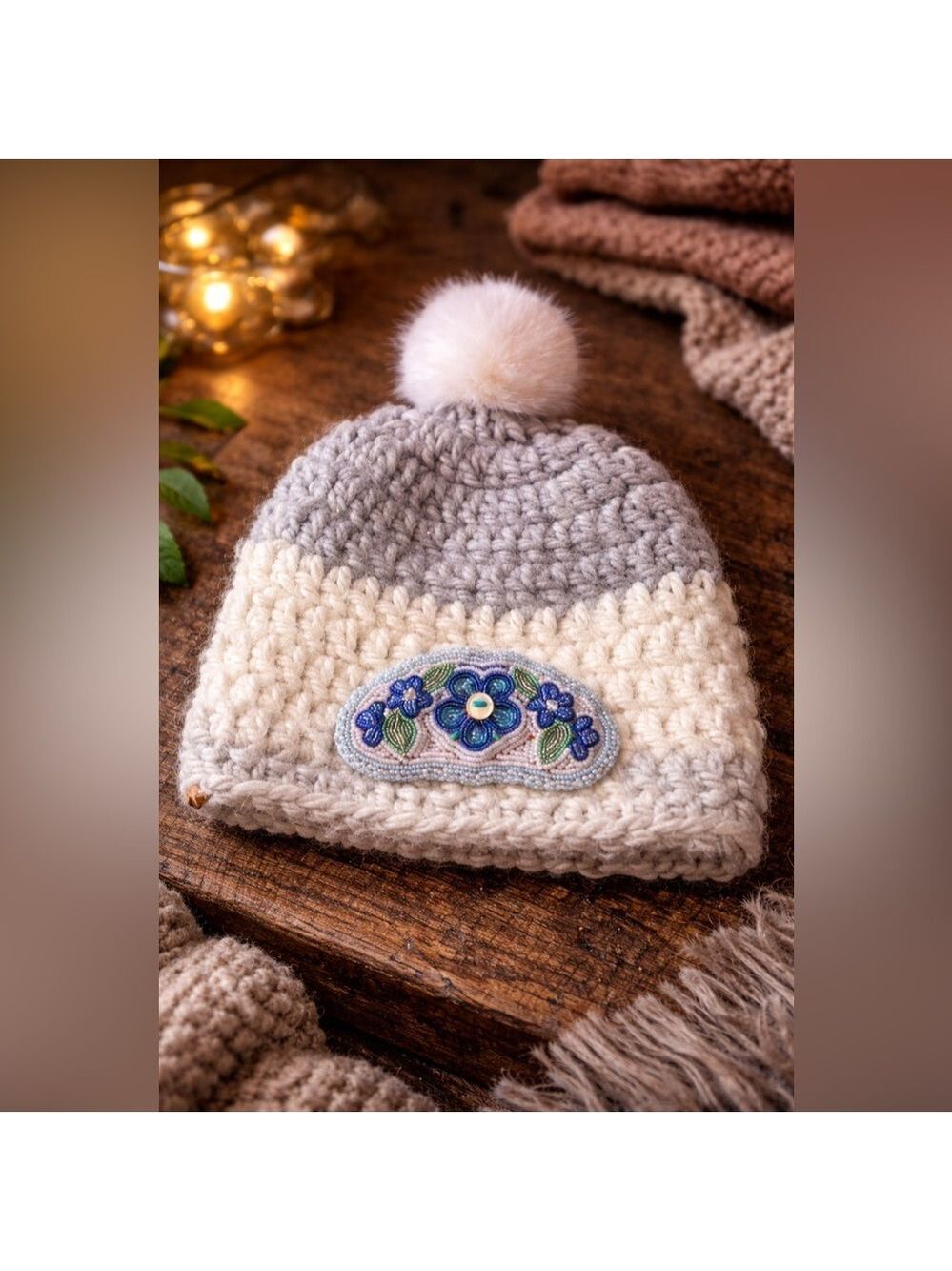 Hand-Knitted Wool Blend Toque w/ Luxe Pom Pom Intricate Beaded Floral Medallion